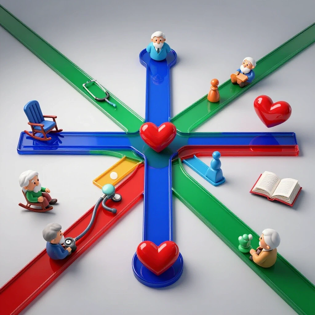 Glossy crossroads with healthcare and eldercare icons in vivid colors on a bright studio background