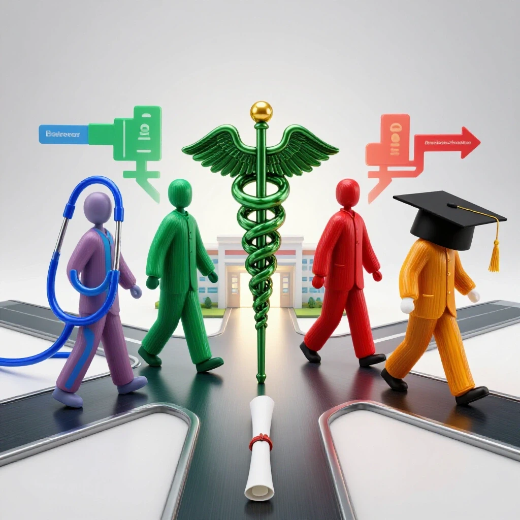 Colorful academic and healthcare symbols converge on bright paths toward a hospital entrance, evoking career choices.