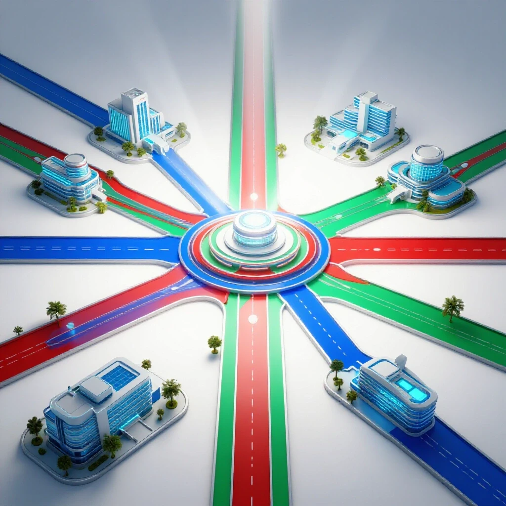 A vibrant crossroads with glossy colored pathways branching to futuristic hospitals and research centers on a bright background.
