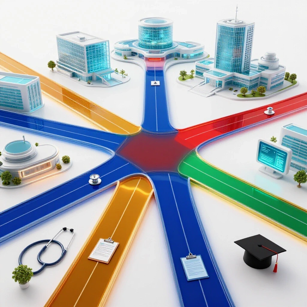 Colorful intersecting paths leading to futuristic hospitals and research centers symbolize healthcare career options