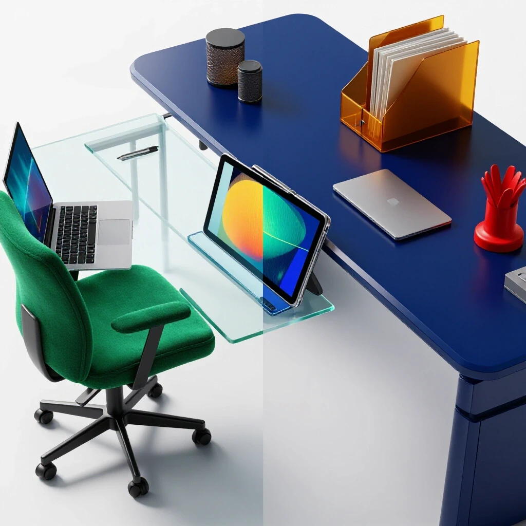 Split workspace blending home office and corporate desk, connected by a central digital device, with vivid colors on a bright background.