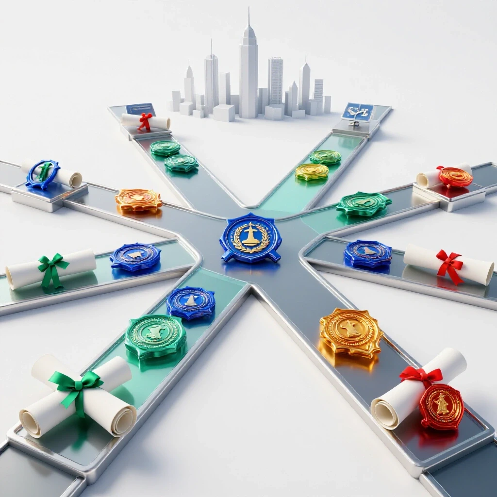 Colorful academic credentials at a crossroads with pathways leading to a vibrant city skyline