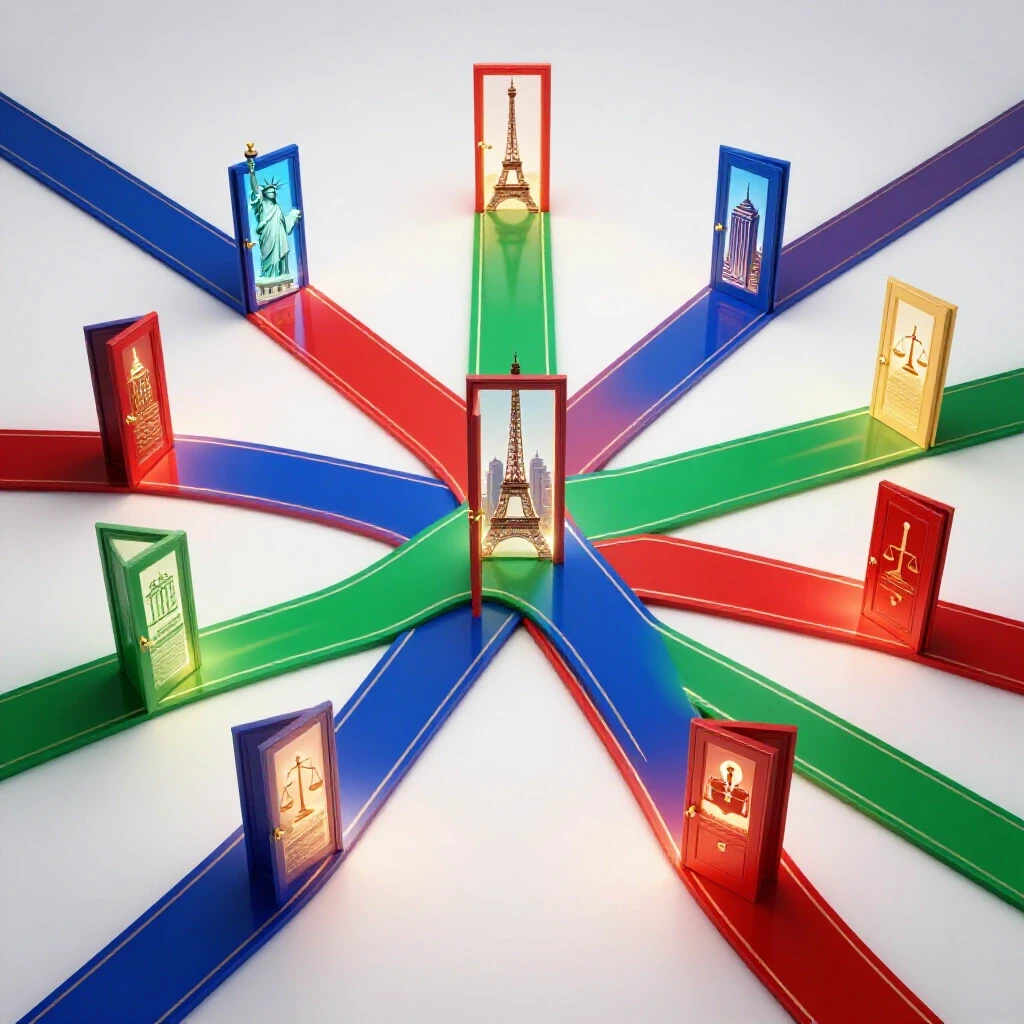 Central crossroads with colorful illuminated doors showing world landmarks and career symbols, set on a luminous white background.