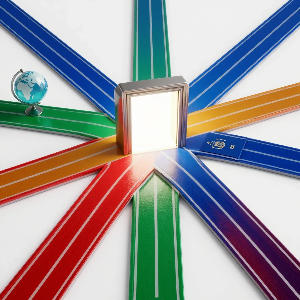 Glossy, color-rich crossroads with a bright open gateway, globe, and passport symbolizing global career pathways.
