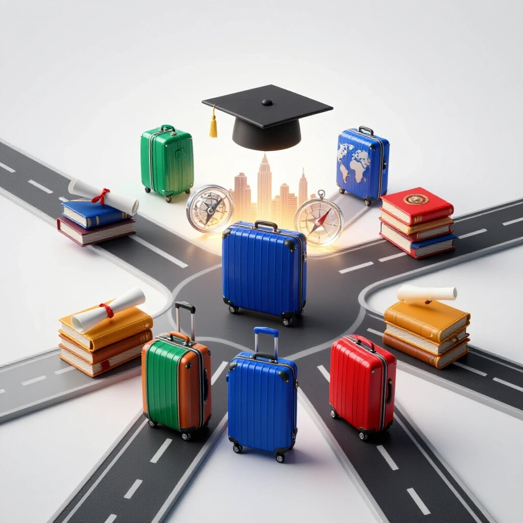 Brightly lit crossroads with colorful suitcases, academic and global icons, and a glowing city skyline symbolizing immigration career paths.