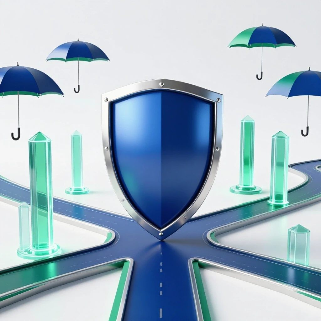 A glossy metallic shield at the center of diverging paths, leading to tall glowing towers and subtle umbrella motifs, symbolizing security and insurance career growth.