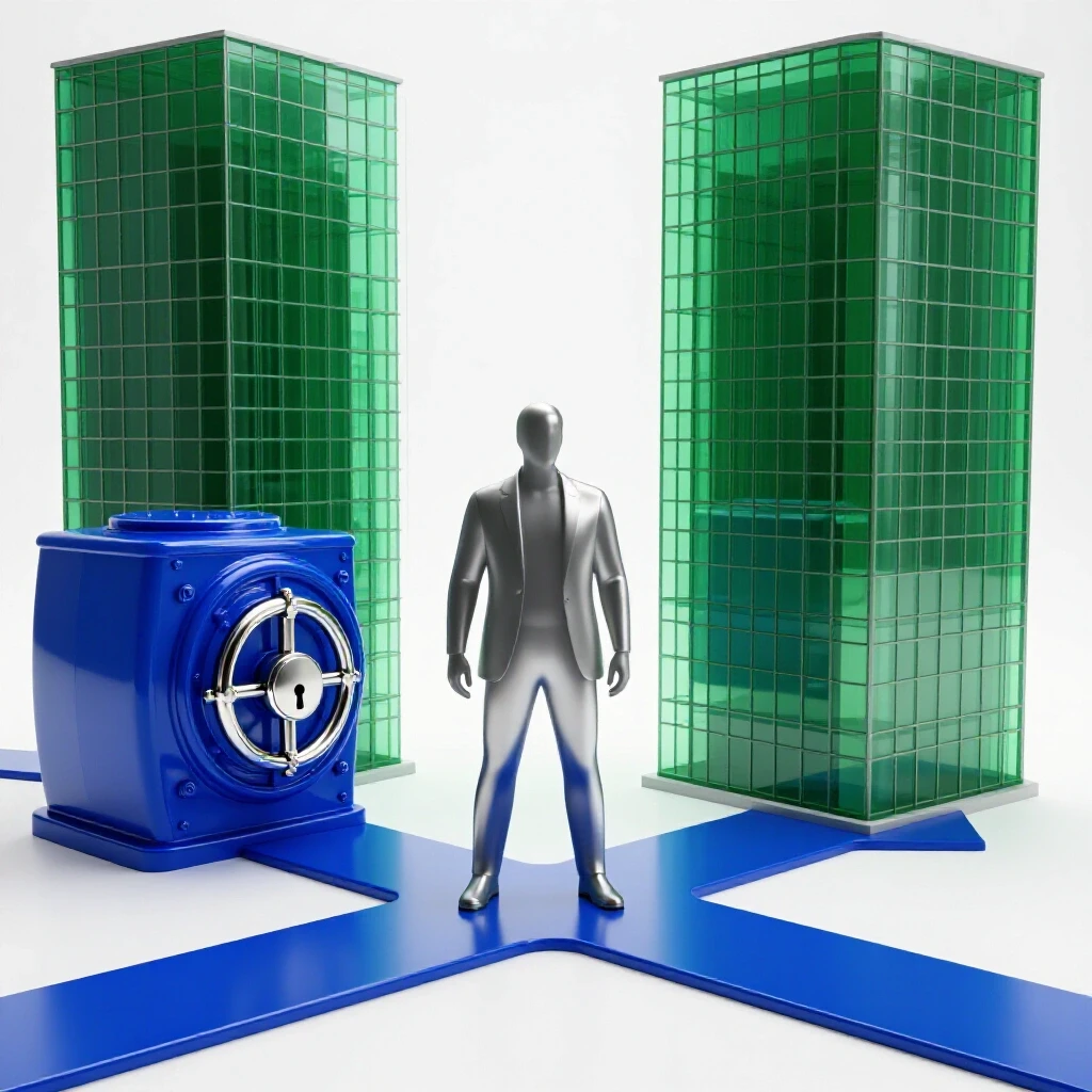 A metallic figure stands at a crossroads between a deep blue vault and a green glass office building on a bright backdrop.