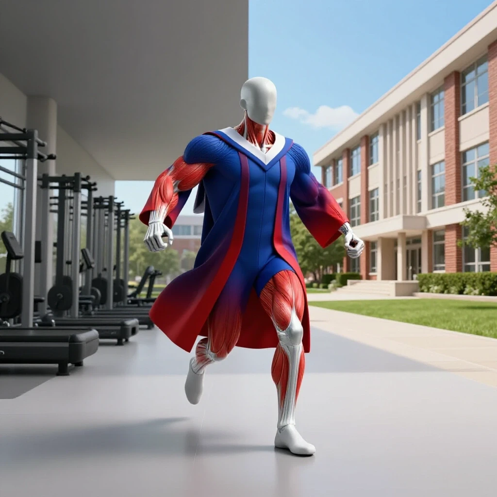 Dynamic motion figure with muscle overlays in graduation robes, gym and campus split background, vivid colors