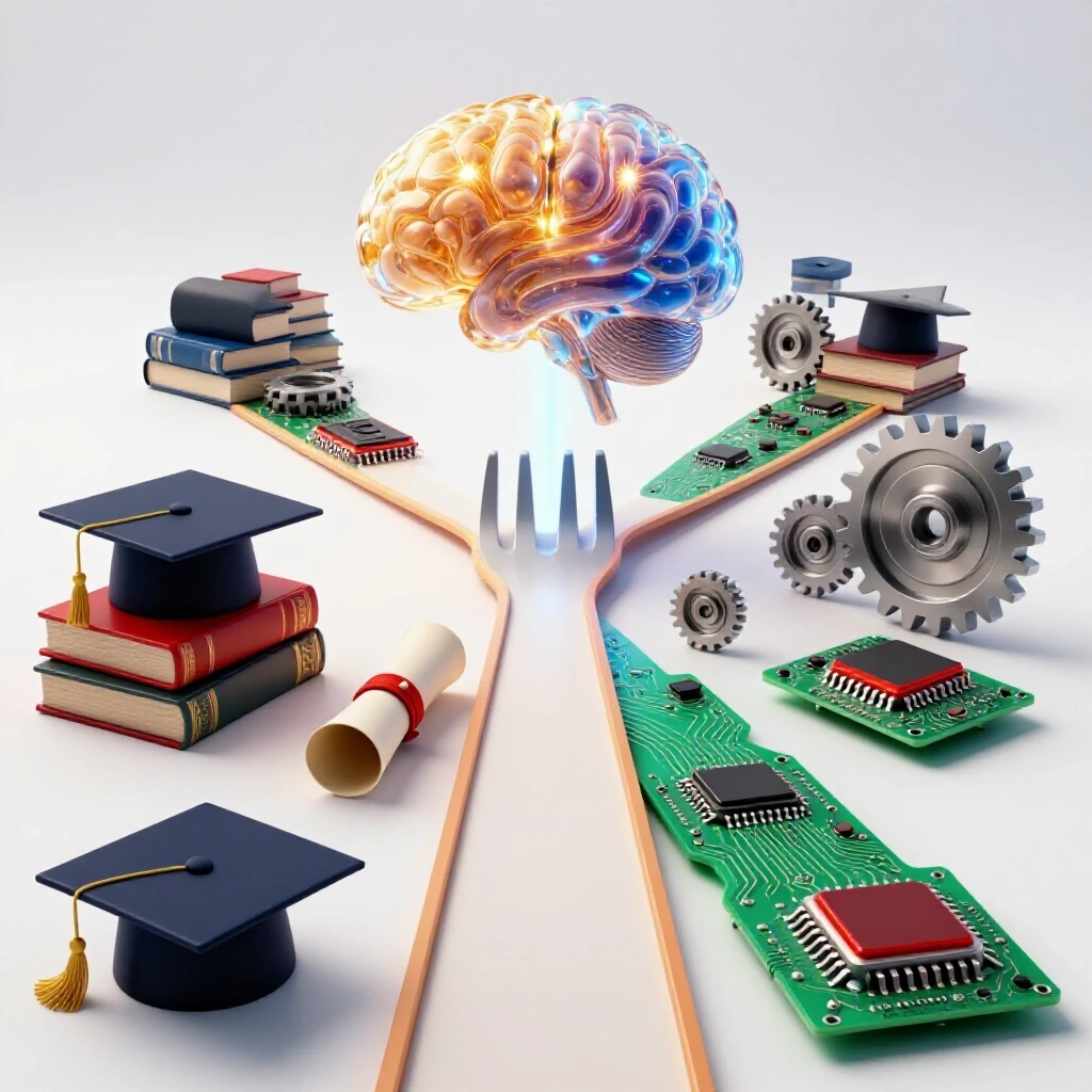 Two distinct paths—one with academic symbols, one with tech elements—merge toward a glowing AI brain, symbolizing education and machine learning convergence.