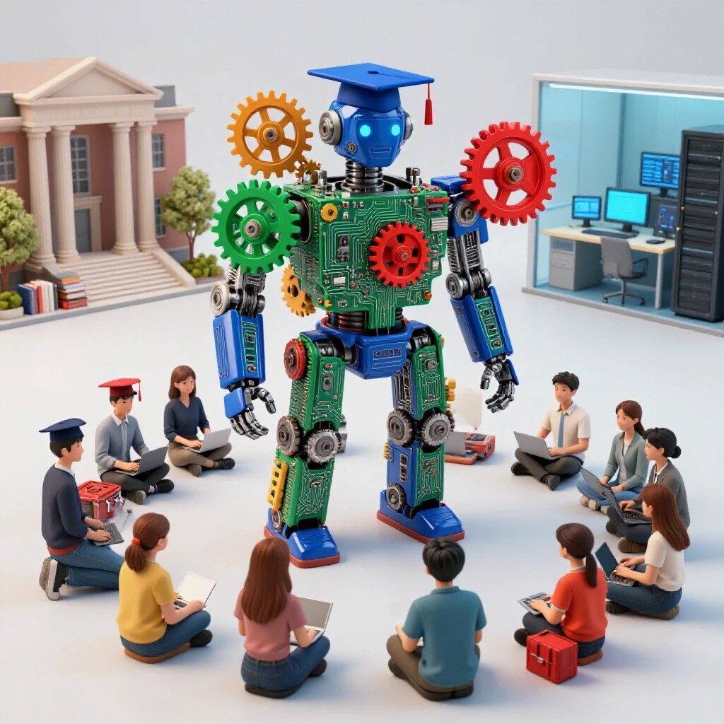 Mechanical gears and electronic circuits merge into a robot prototype surrounded by academic and tech symbols, with a backdrop blending university and high-tech workspace elements.