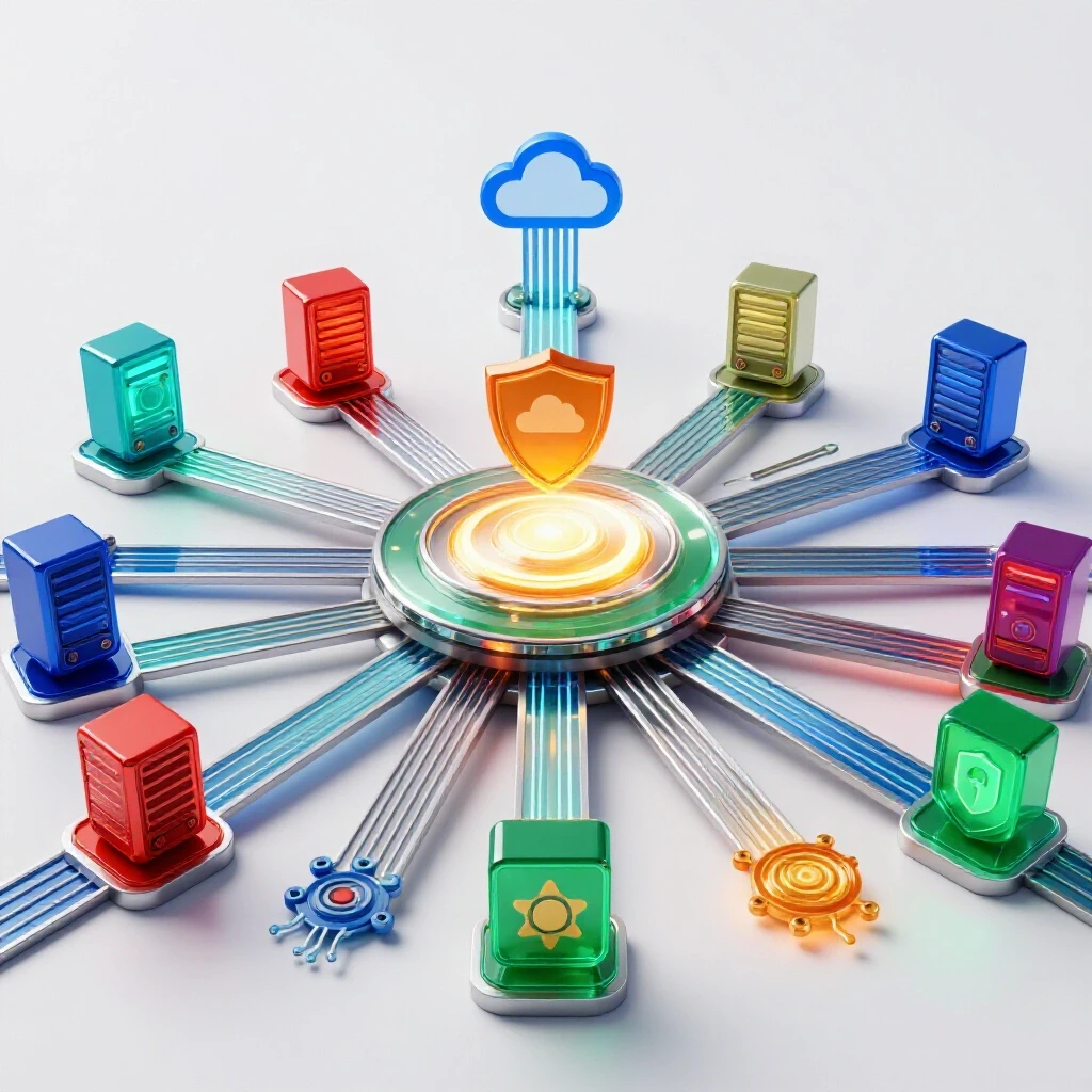 Glowing central network hub with branching digital pathways and colorful tech career icons on bright studio background.
