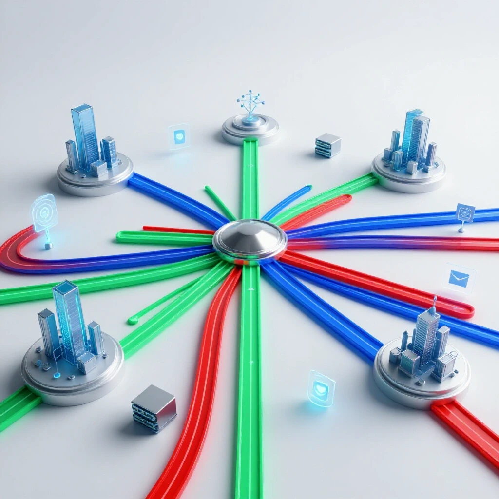 Central hub with colorful, glowing pathways branching to digital cityscapes on a bright studio background, symbolizing network careers.