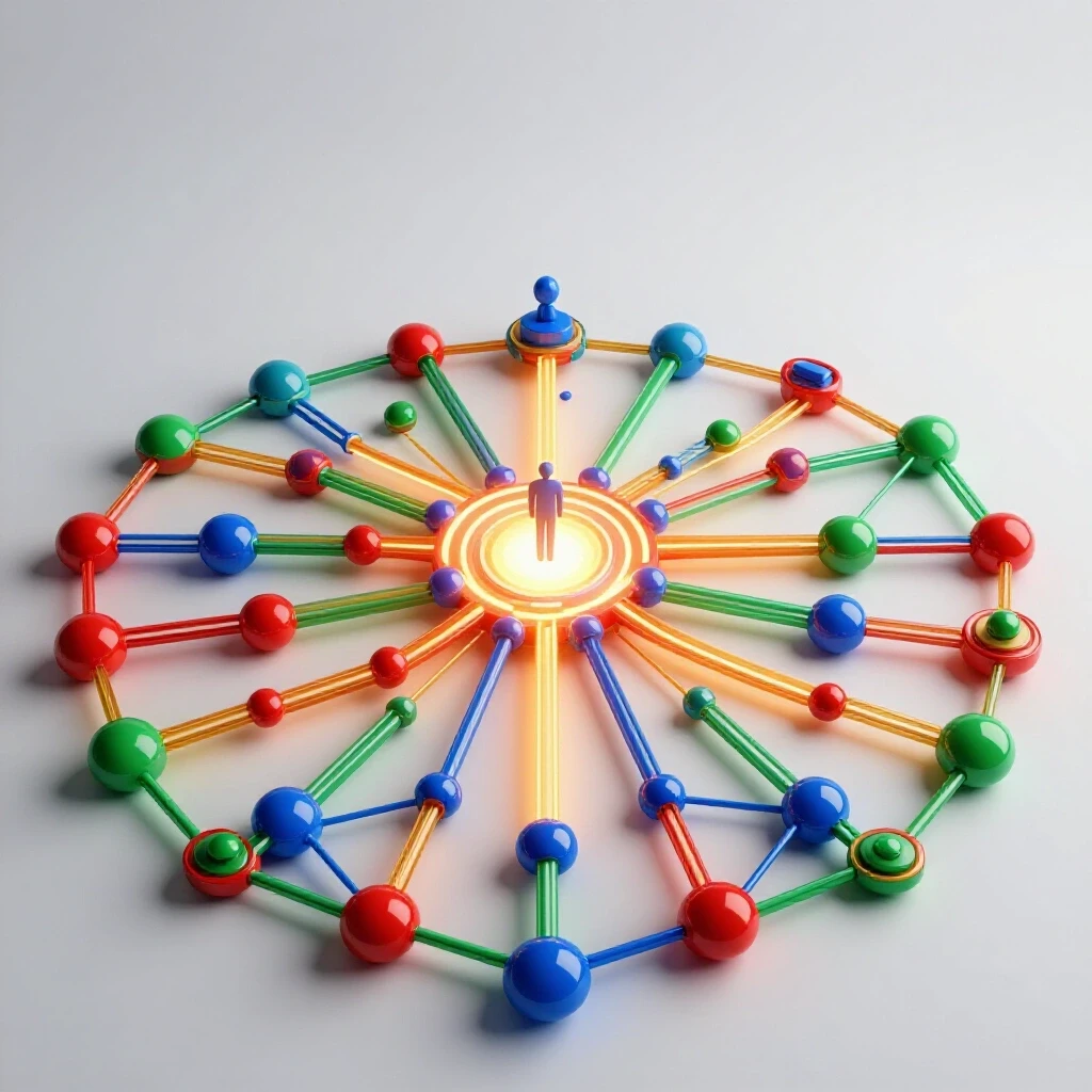 Interconnected glowing nodes and pathways form a bright dynamic network with professional icons moving toward a luminous horizon.