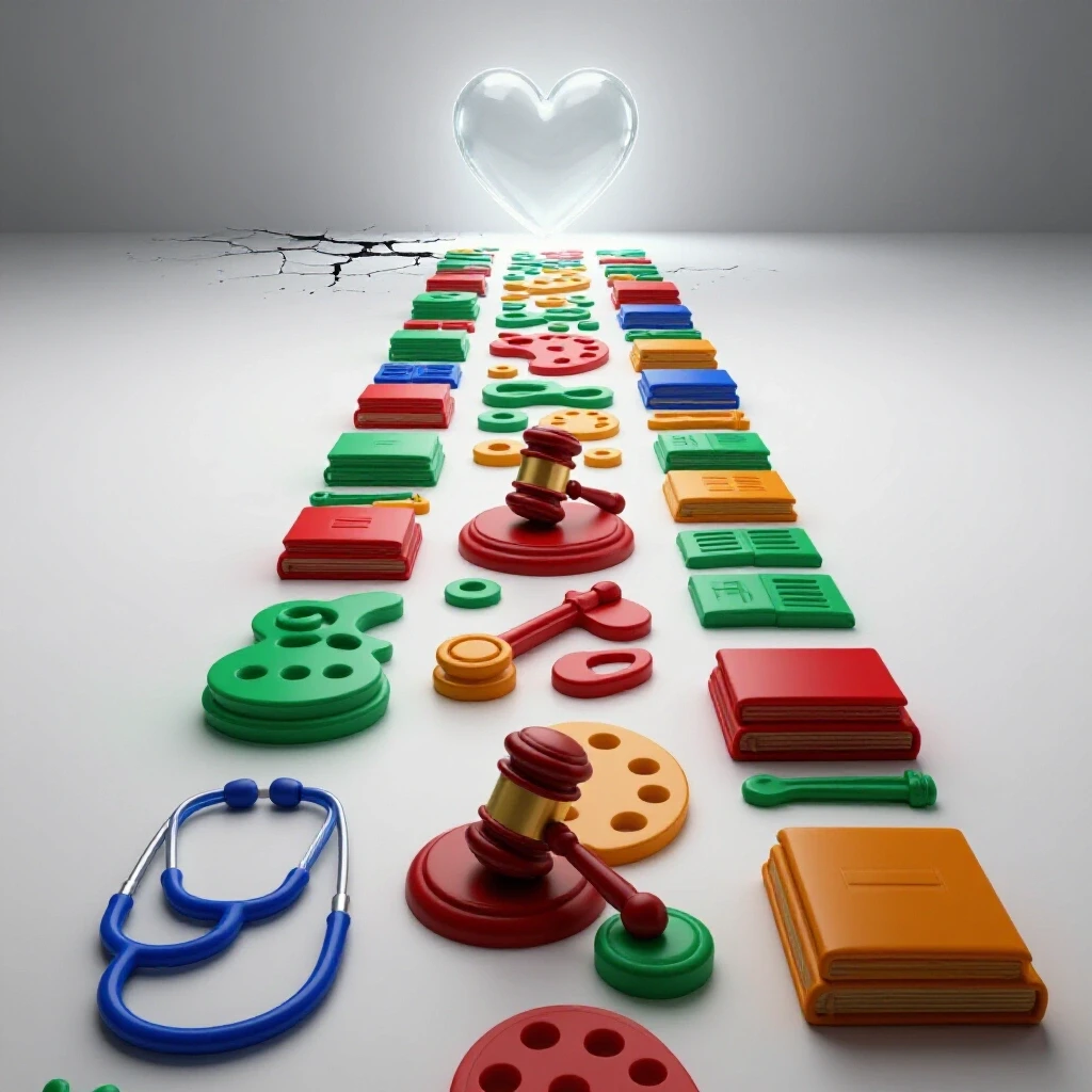 Vibrant 3D path with symbols of professions leading to a glowing heart, contrasting a shadowy fork symbolizing burnout.