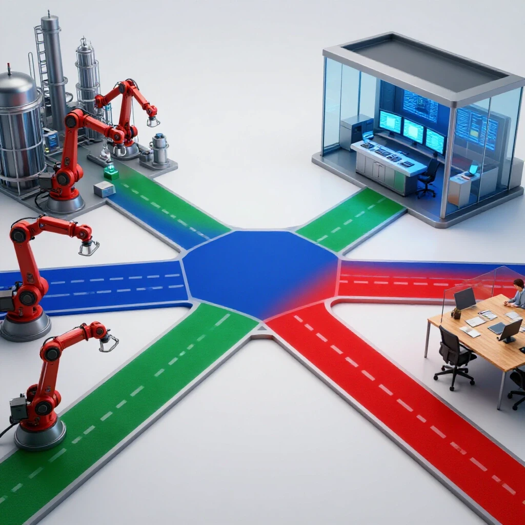 A dynamic crossroads with three brightly colored paths leading to a factory, control room, and office—each representing operations career options.