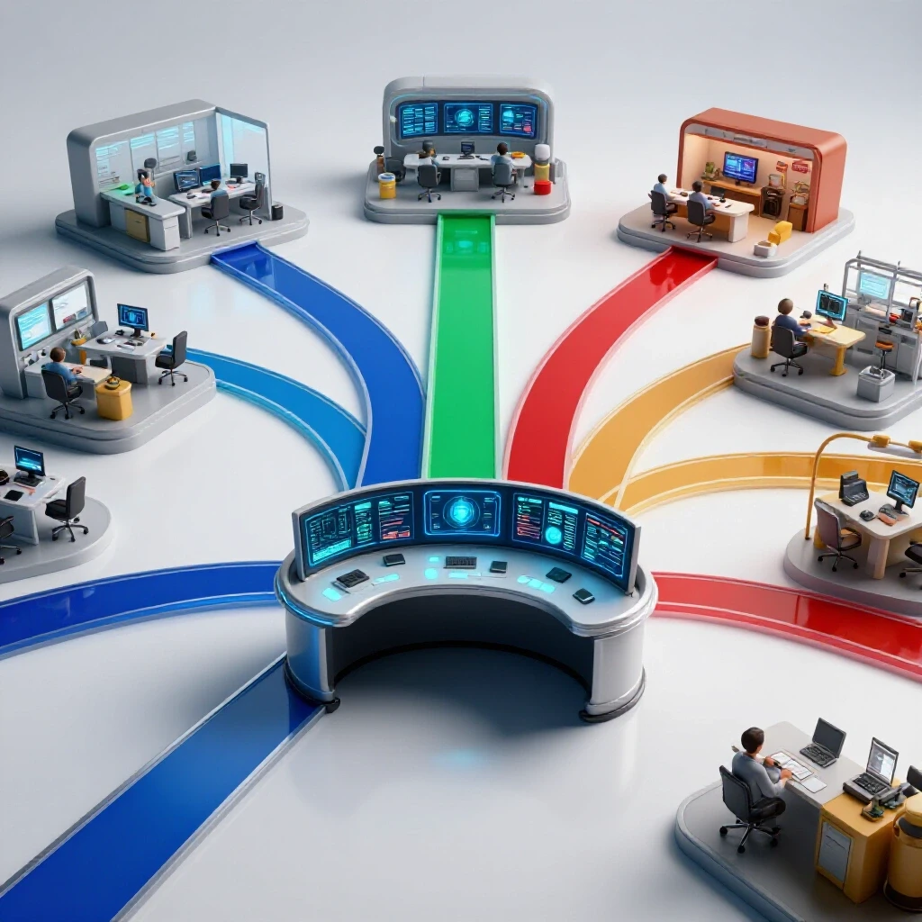 A vibrant control room with illuminated dashboards and branching colored pathways leading to diverse work environments symbolizing operations careers.