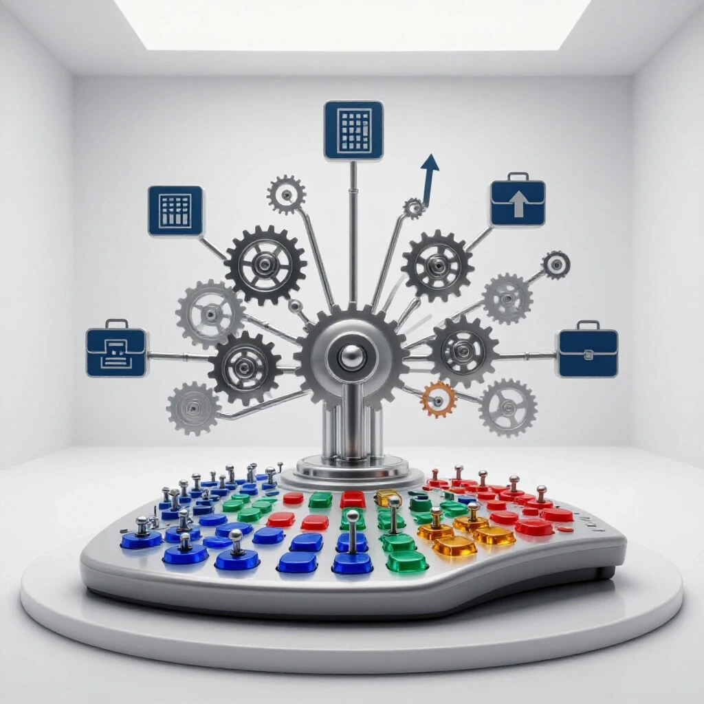 Central control panel with colorful levers and gears directing pathways toward career destinations on a bright background.