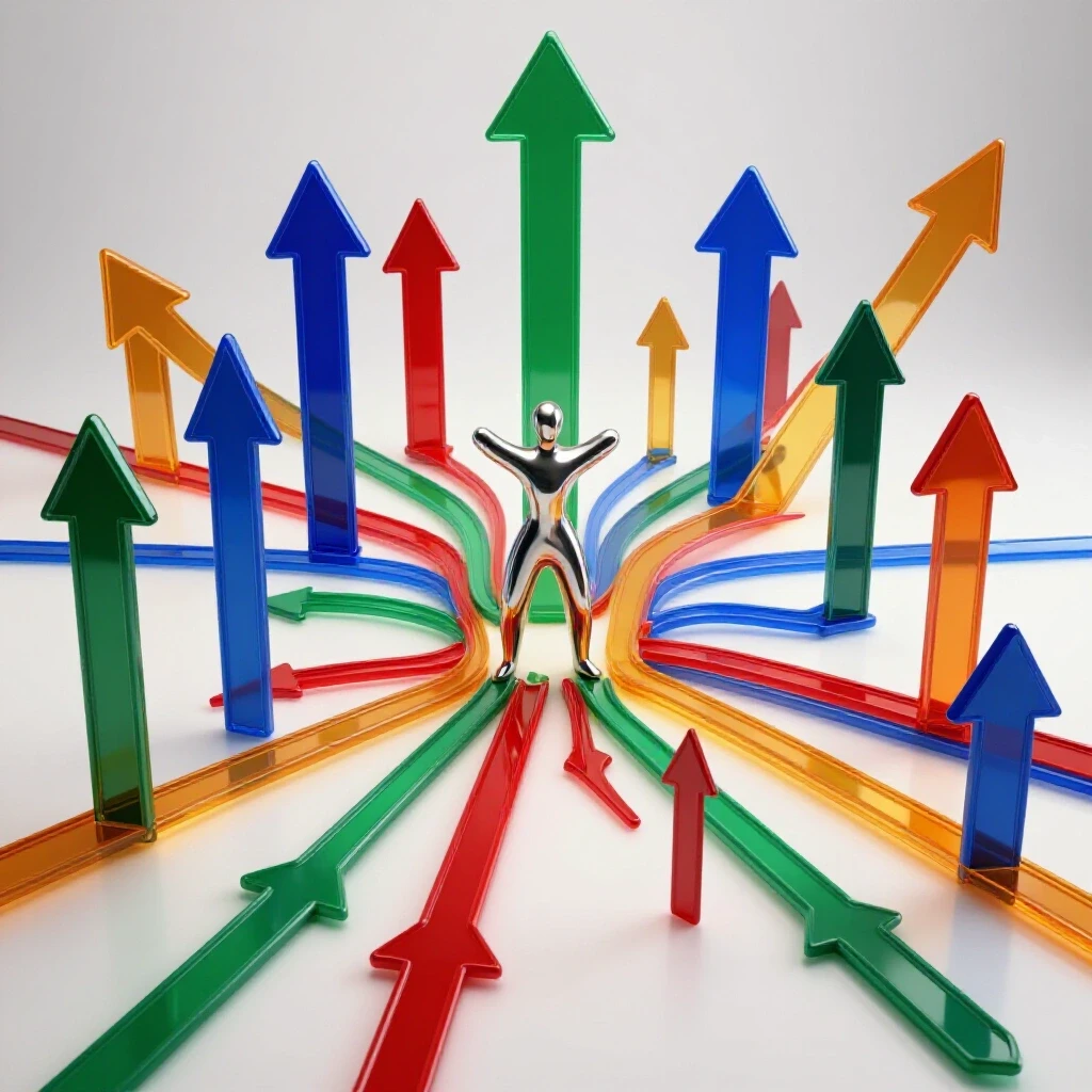 Abstract metallic figure at the center of vivid upward arrows branching into multiple career paths