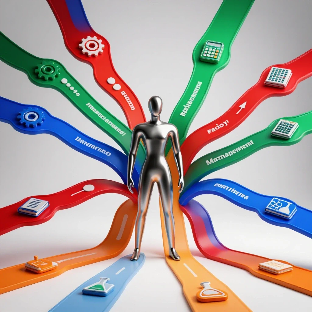 Abstract metallic figure at crossroads of colorful paths with academic field icons in bright studio setting.