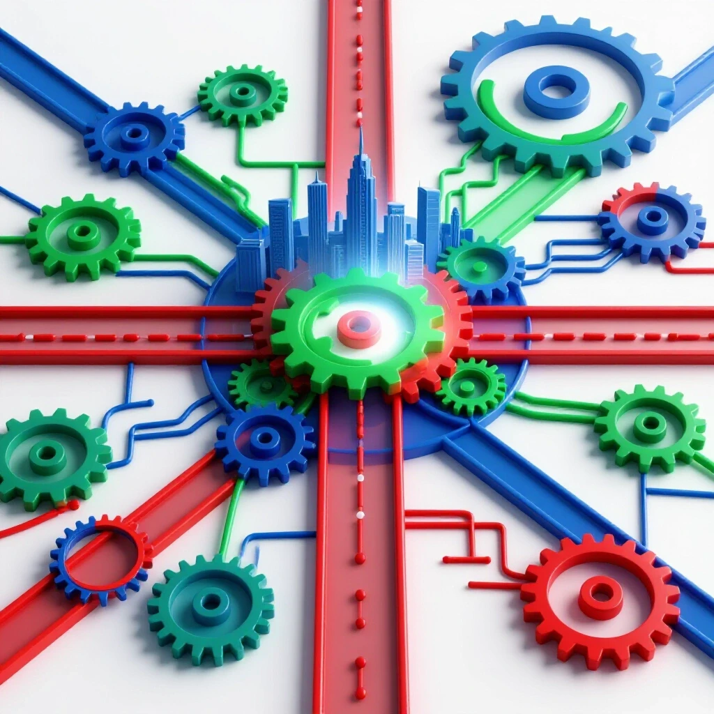 Interlocking gears and branching flowchart paths form crossroads leading to a luminous city skyline, symbolizing diverse career routes in operations management.