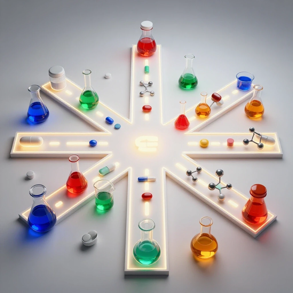Radiant crossroads with glowing pathways, pill bottles, chemistry glassware, and molecules symbolizing pharmacology career options.
