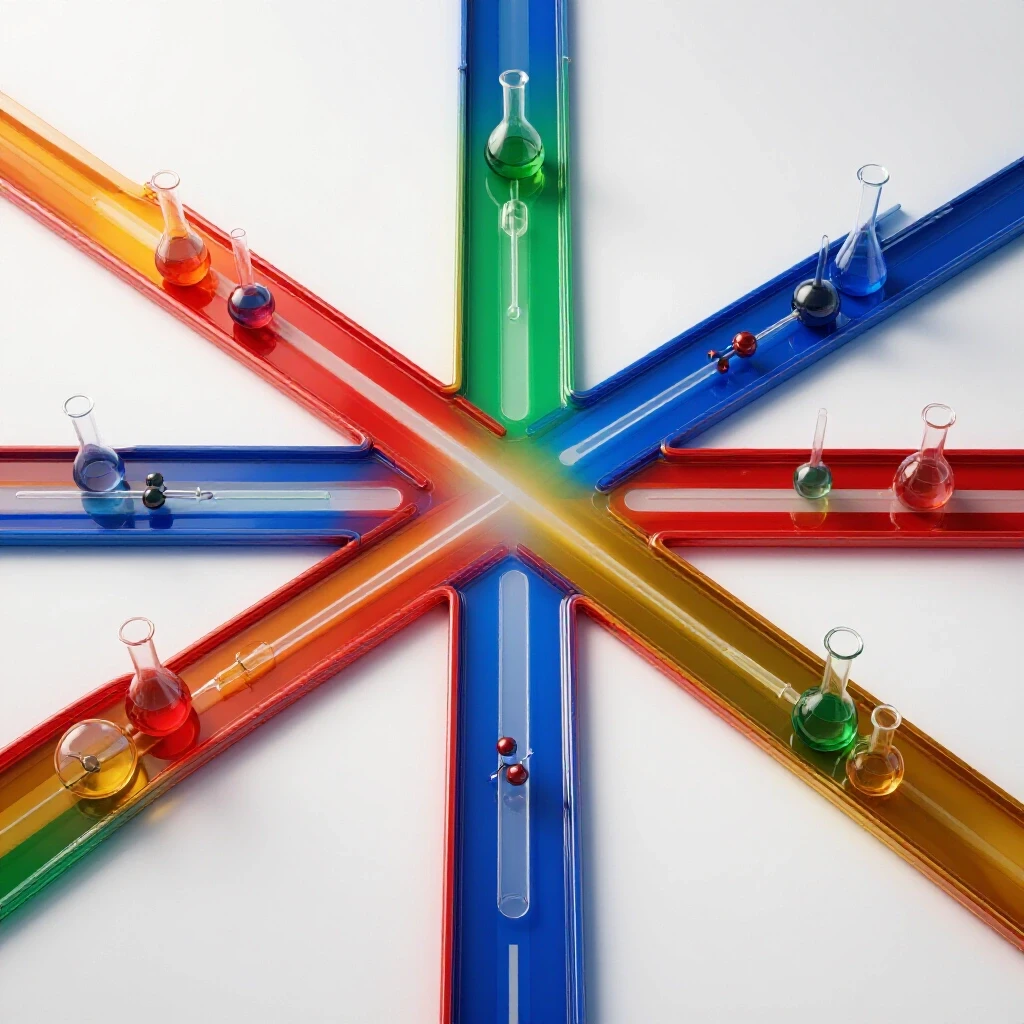 Four colorful, branching roads with lab glassware and molecular structures at a crossroads on a bright background.