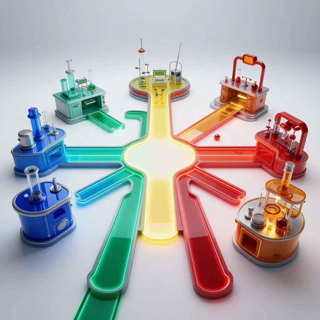 Dynamic crossroads of colorful, futuristic laboratory pathways with advanced scientific equipment in a bright studio setting.