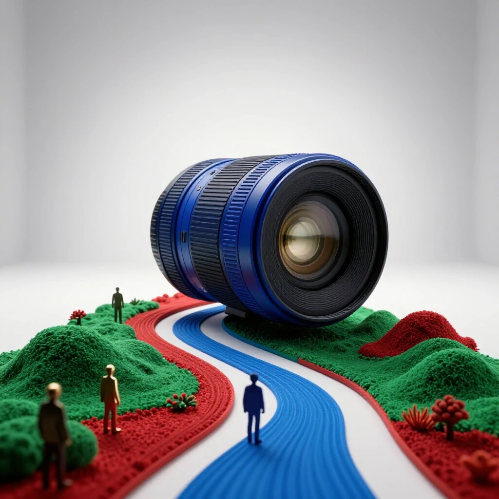 A vibrant camera lens morphs into a winding path toward a bright horizon, symbolizing career journeys in photography.