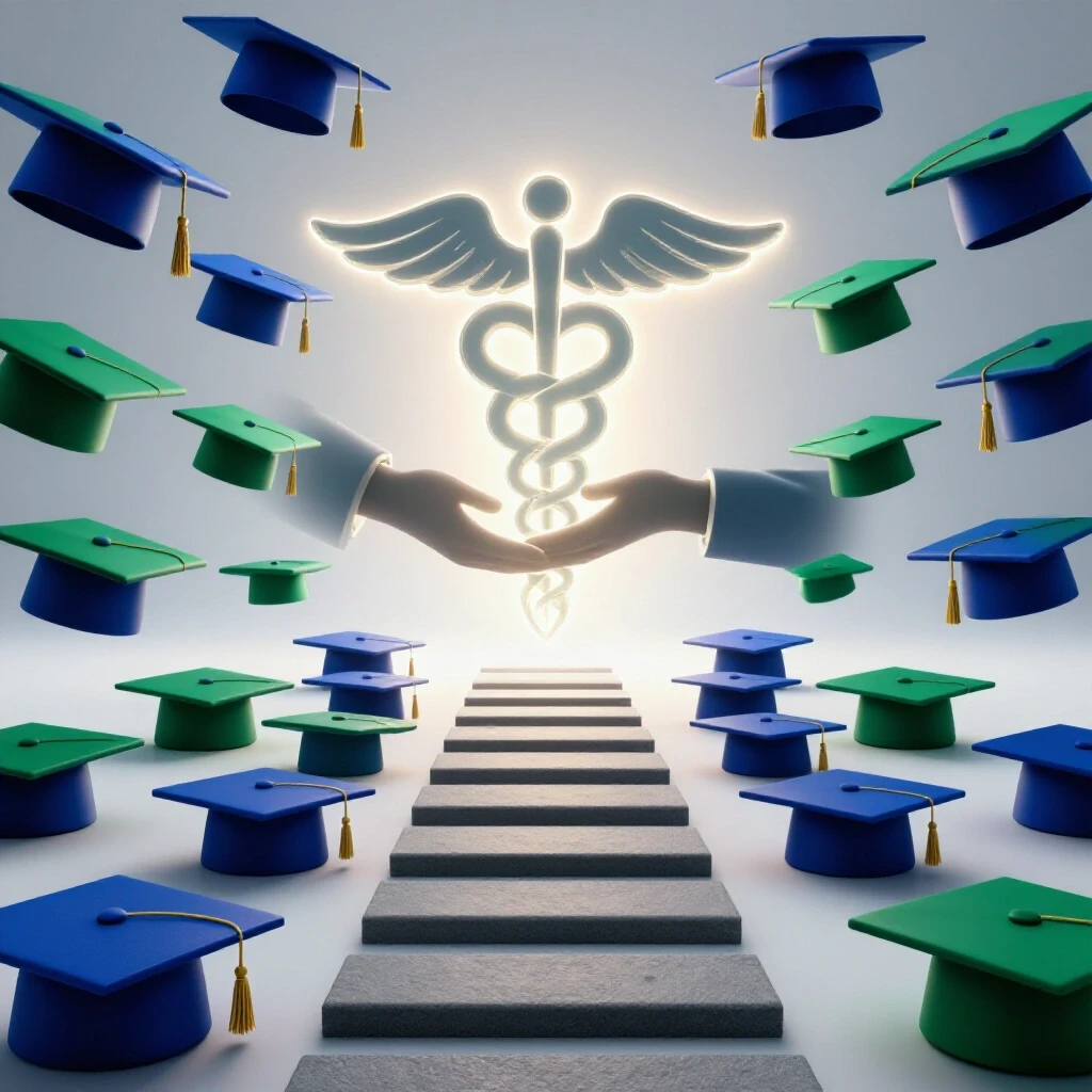 Graduation caps arrange as stepping stones toward a glowing helping hand beside academic and healthcare symbols.