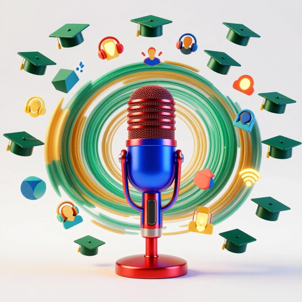 Vibrant microphone with sound waves transforming into graduation caps and listener icons on a luminous background.
