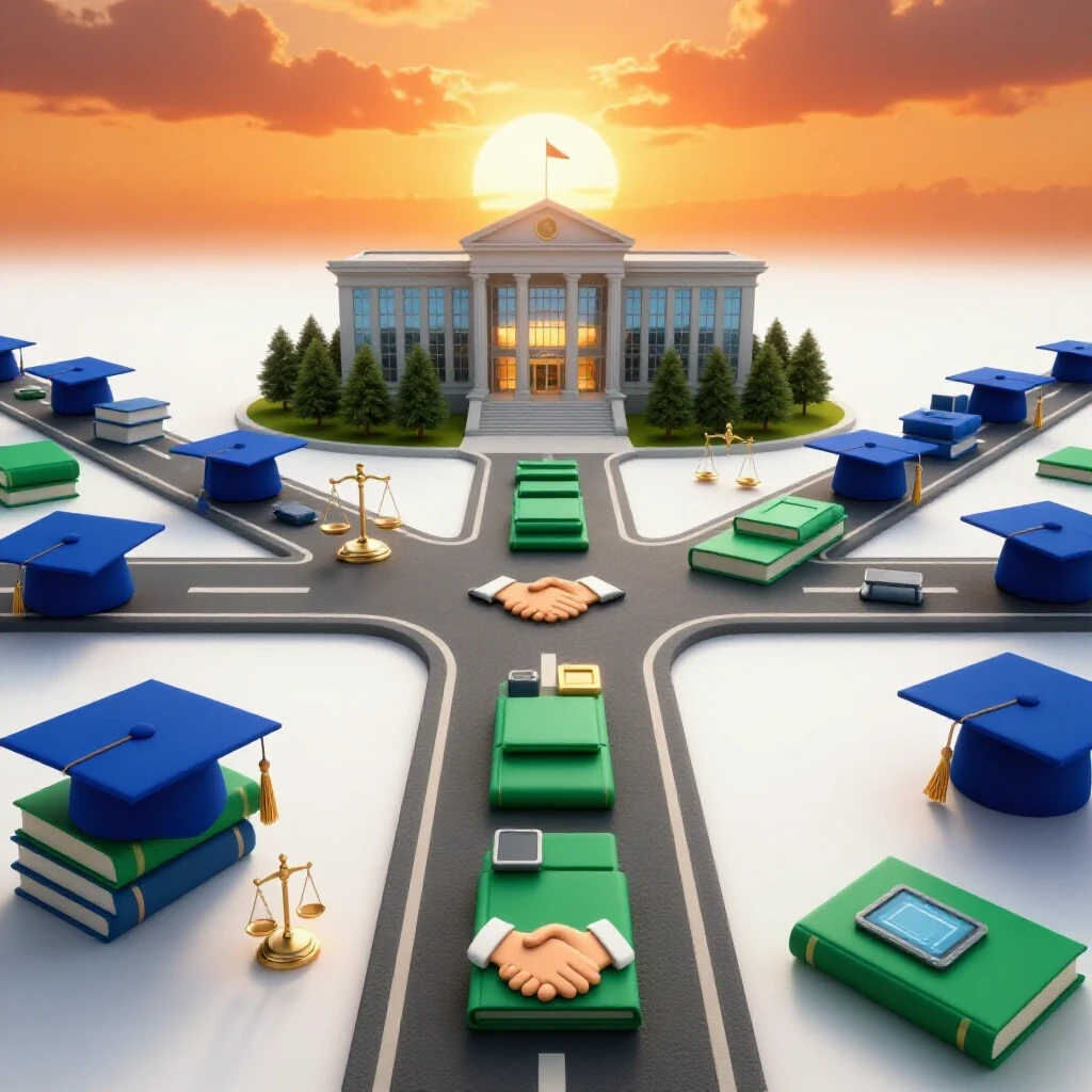 Dramatic crossroads showing academic and alternative pathways lined with legal symbols and education tools, both leading toward a glowing courthouse under a vibrant sunrise.