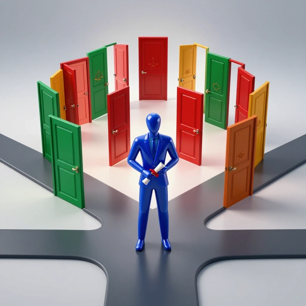 Abstract figure holding a diploma at colorful crossroads, facing open doors with law and social work icons.