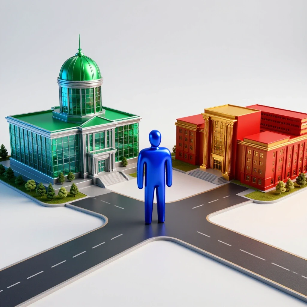 A crossroads with abstract figure stands between modern courthouse and university campus in vibrant colors.
