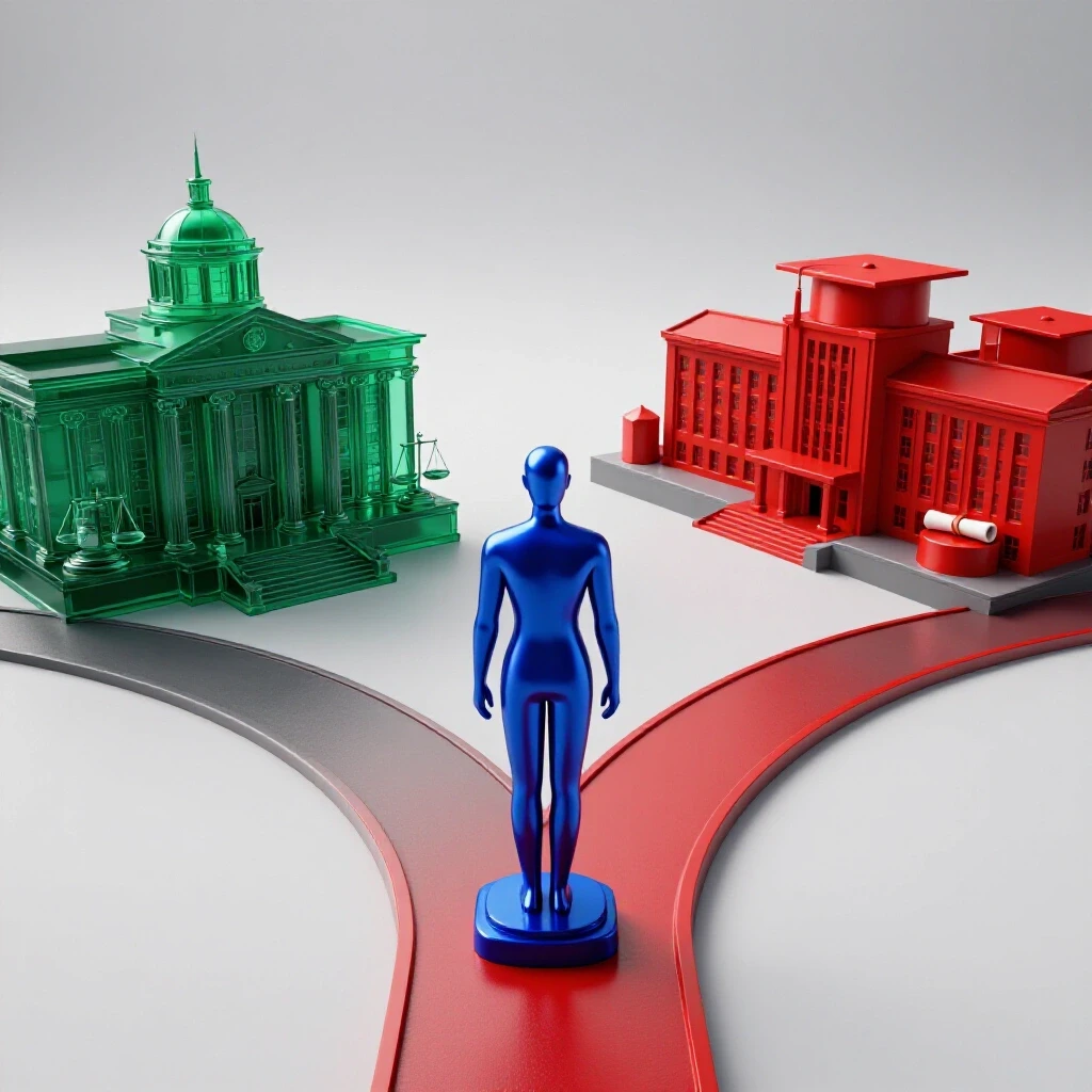 A crossroads with abstract figure chooses between courthouse and university paths, symbols of justice and education blending into vivid 3D scene.