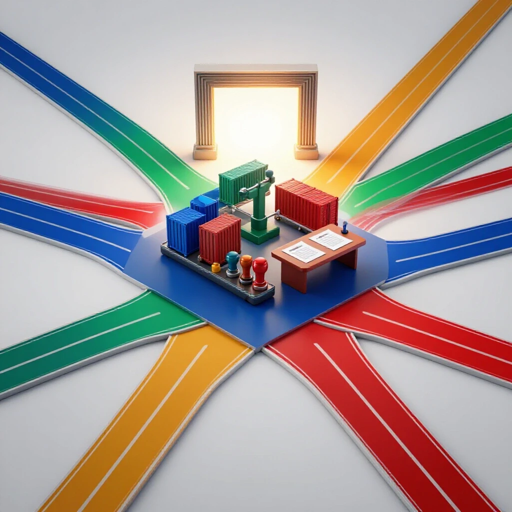 Vivid crossroads with color-coded paths, procurement icons and a glowing gateway on a bright studio background.