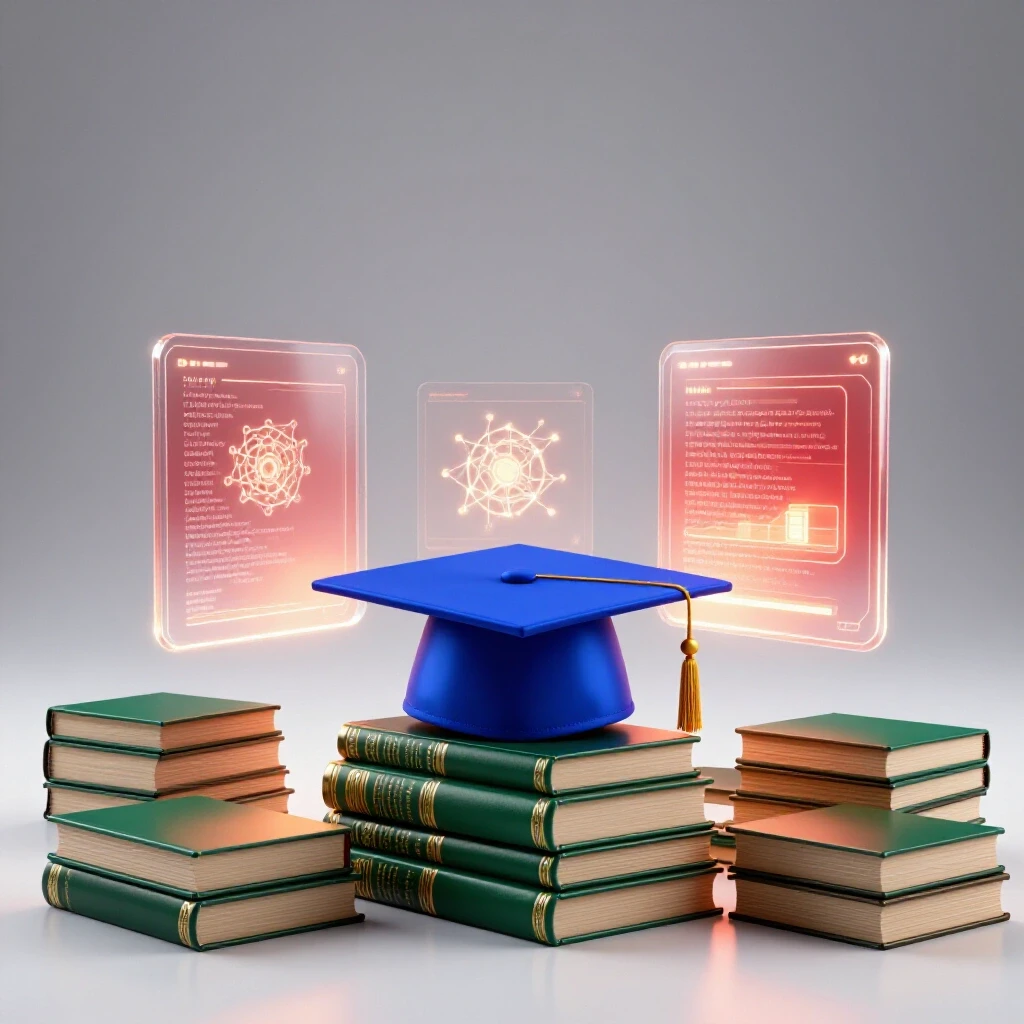 Futuristic workspace merging academic books and graduation cap with glowing AI interfaces on bright background