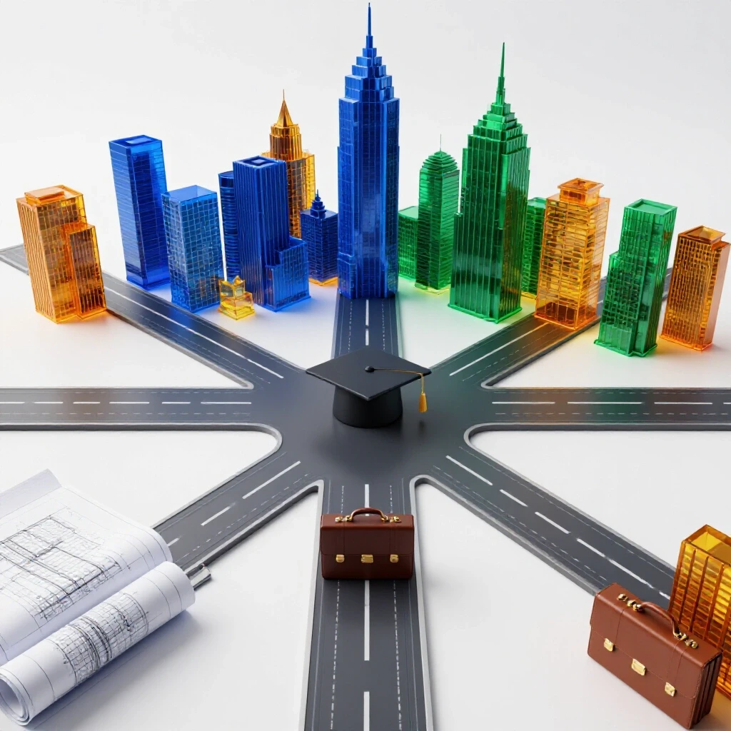 A crossroads with blueprints and a modern city skyline, accented by symbols for education and real estate careers.