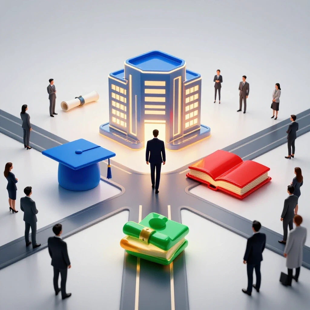 Glossy crossroads with glowing degree icons and a recruitment agency building in a bright studio scene