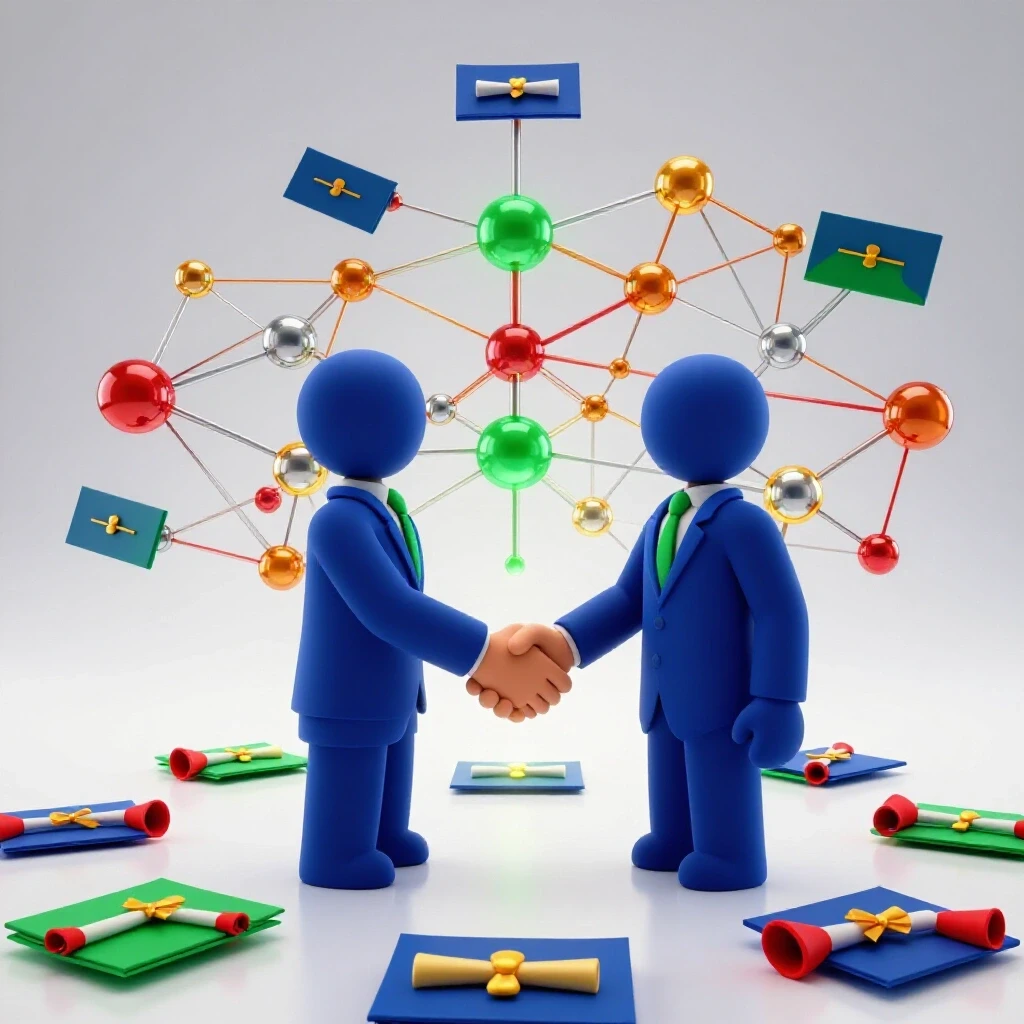 Dynamic handshake between two professionals over glowing diplomas with career pathway network nodes in background.
