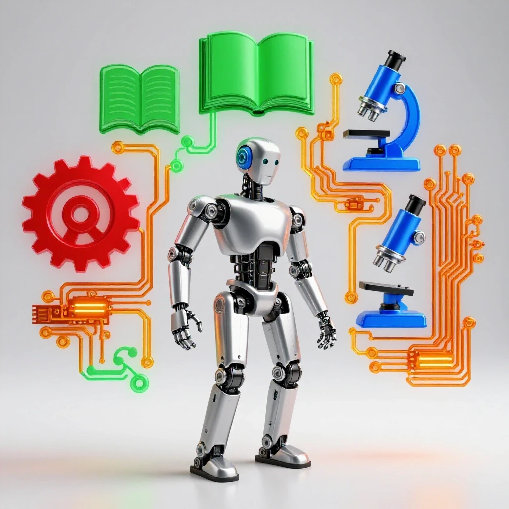 Metallic robot reaches toward branching paths, each ending with a vibrant symbol of an academic field