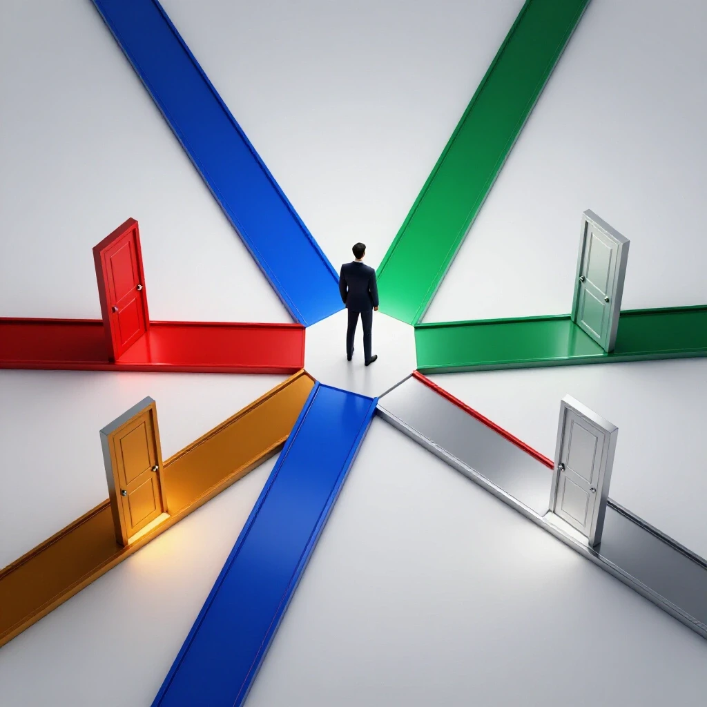 A crossroads with five vibrant colored paths leading to illuminated doors, symbolizing diverse sales operations career options.