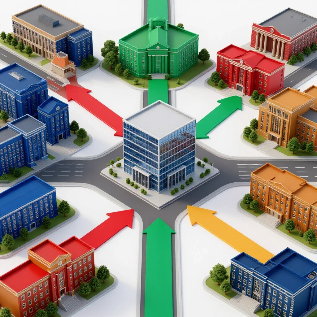 Vivid crossroads lined with colorful academic buildings and arrows leading to a modern office on a bright background.