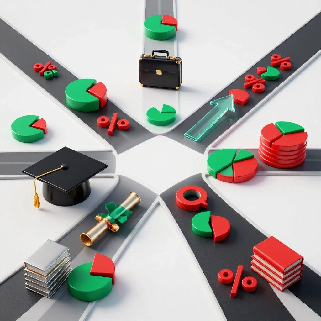 Intersection of academic symbols and business icons on bright background, representing sales operations pathways