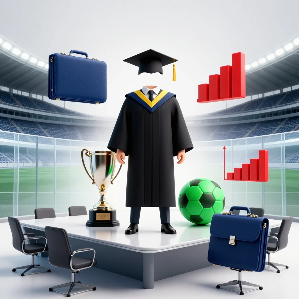 A graduate cap and gown at the crossroads of a sports stadium and boardroom, with trophies and business icons merged.