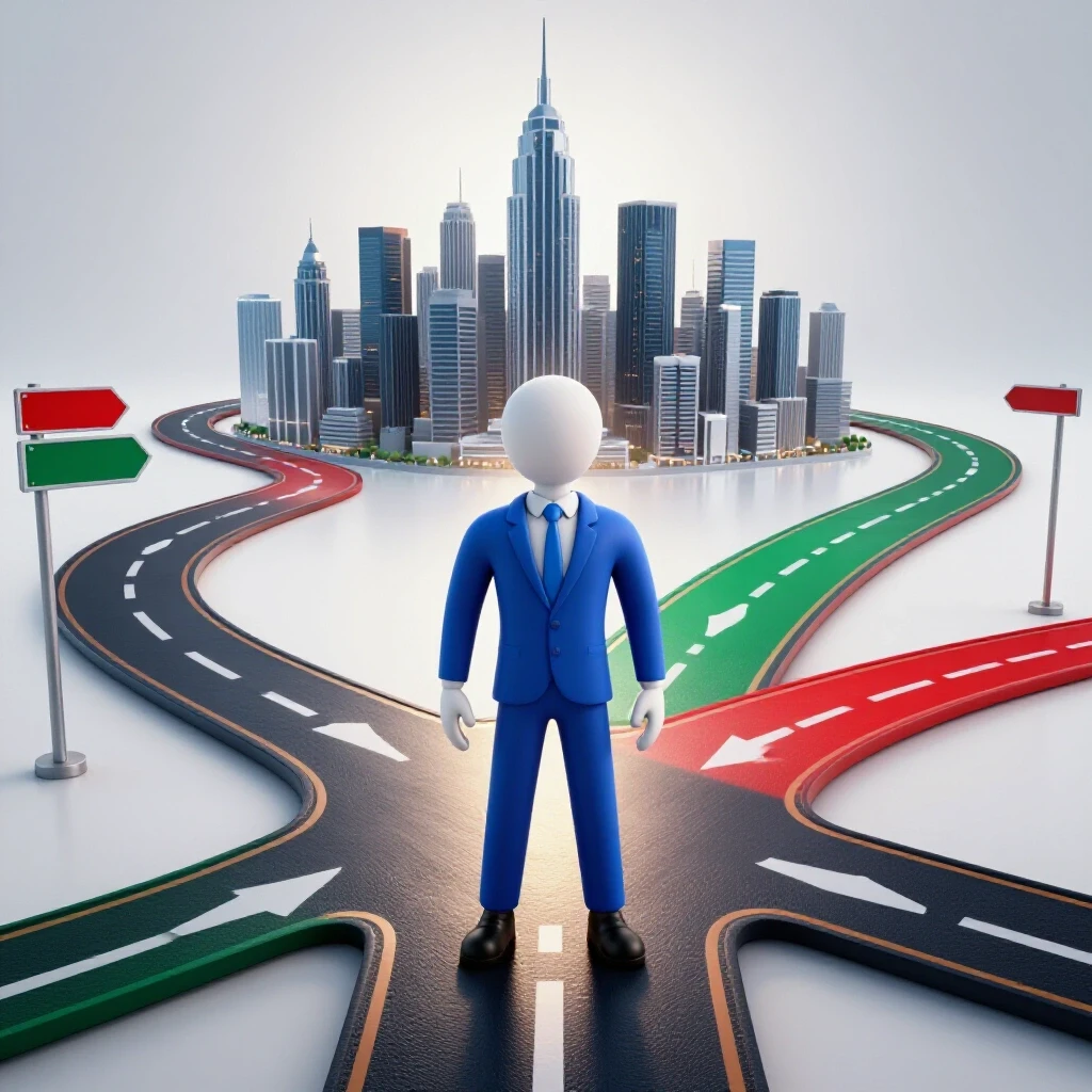 Confident figure at a crossroads, one path leading toward a bright city skyline, symbolizing insurance career choices