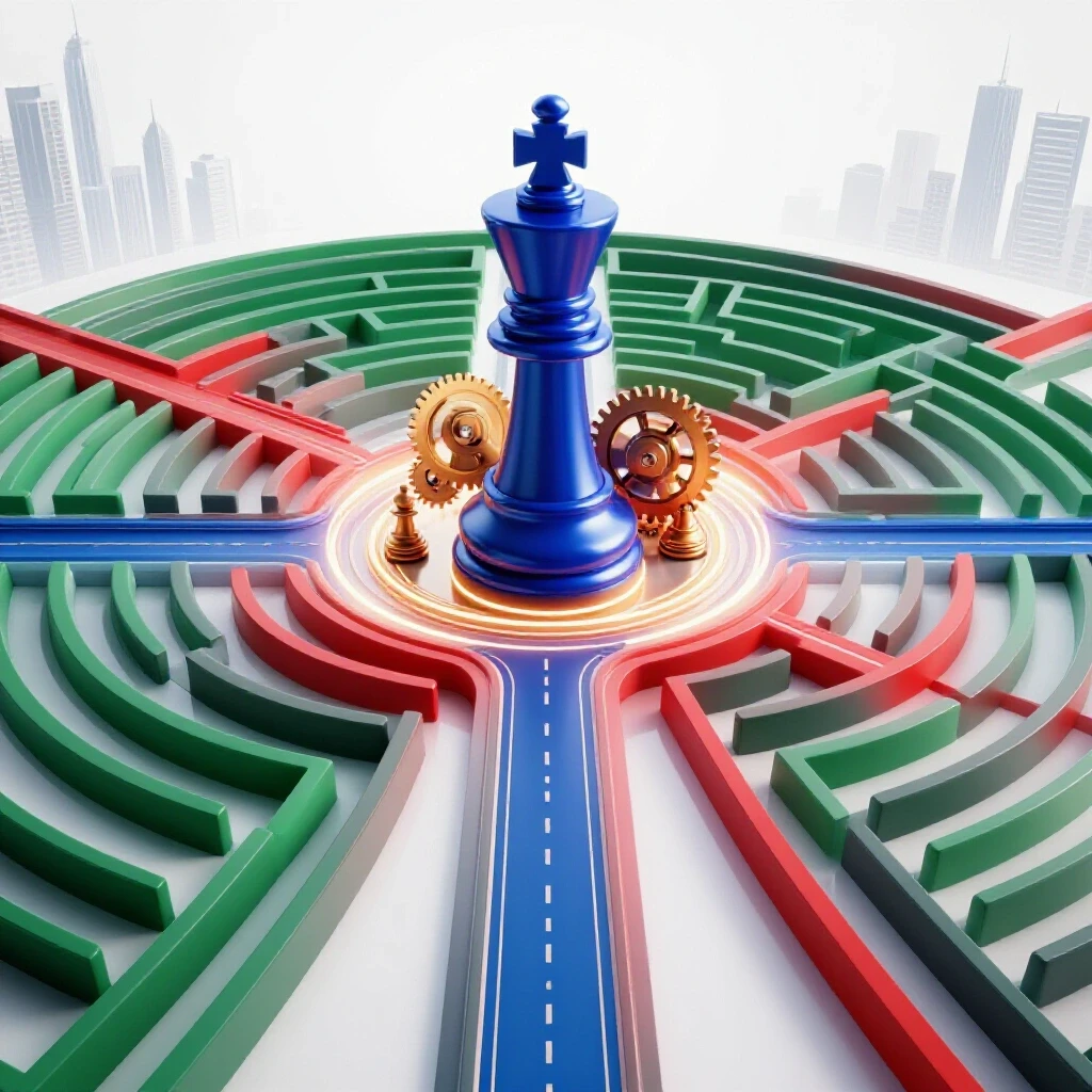Glossy chess piece, gears, and labyrinth on crossroads before cityscape, vibrant colors on bright background