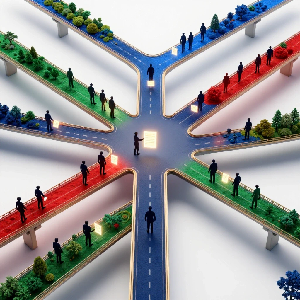 Dramatic crossroads with bridges linking vivid cultural landscapes as abstract figures exchange glowing documents.