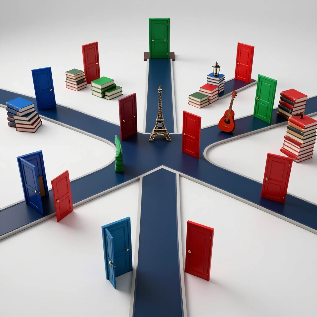 Vibrant crossroads of colorful paths from book stacks leading to open doors with cultural symbols, in a bright studio setting.