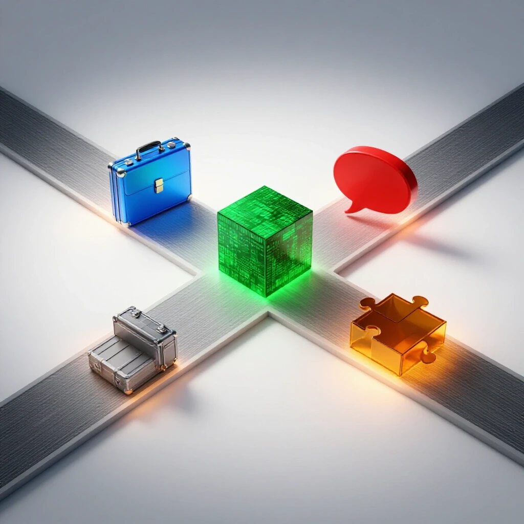 Vivid crossroads with diverging colored pathways leading to symbolic objects for education and career options.
