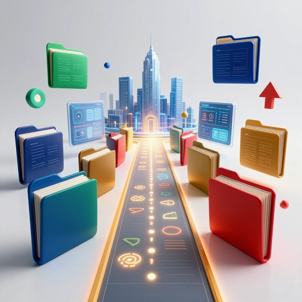 Dynamic digital pathway lined with glowing portfolios leading to a futuristic city of user interfaces.